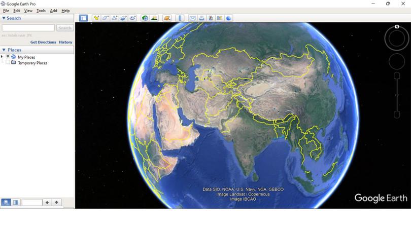 Opening Google Earth.
: A screenshot showing the Google Earth application open on a device.
