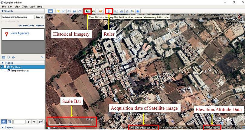 Properties displayed along with the image.
: A screenshot highlighting the different buttons on Google Earth and their functions.
