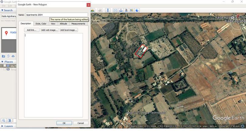 Assigning a name to the saved area (polygon).
: A screenshot showing the use of the measurement toolbox on Google Earth to name the area on the map selected by the polygon.
