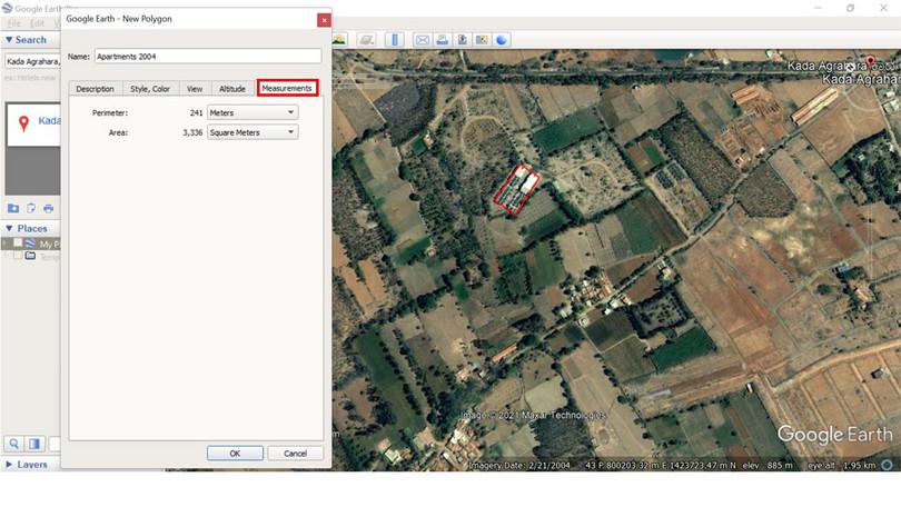 The area (in sq. metres) of the polygon can be seen in the measurement tab.
: A screenshot showing the use of the measurement toolbox on Google Earth. The measurement is visible in the measurement tab.
