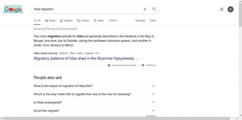 Google search results for the words ‘hilsa migration’.
