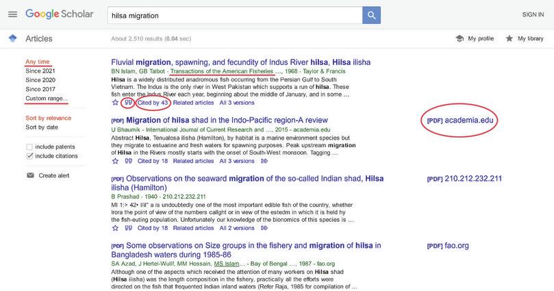 Google Scholar search results for ‘hilsa migration’, with annotation of the time filter, the publishing journal, citation tool, how many times the article has been cited, and the link to the PDF of the article.
