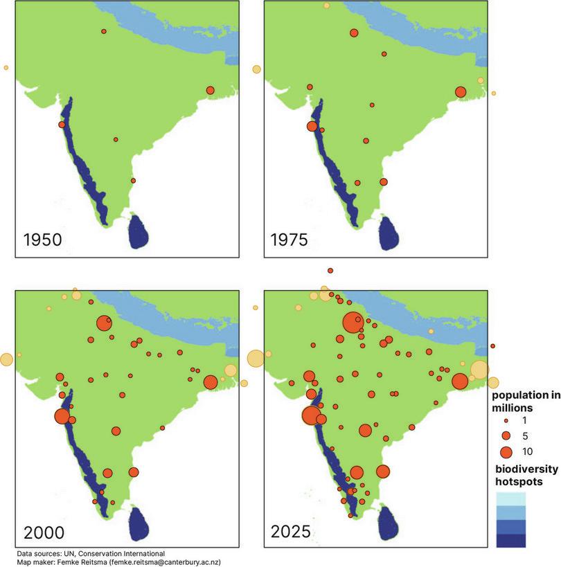 Four panels show the urban population in India in 1950, 1975, 2000 and projections for 2025.
