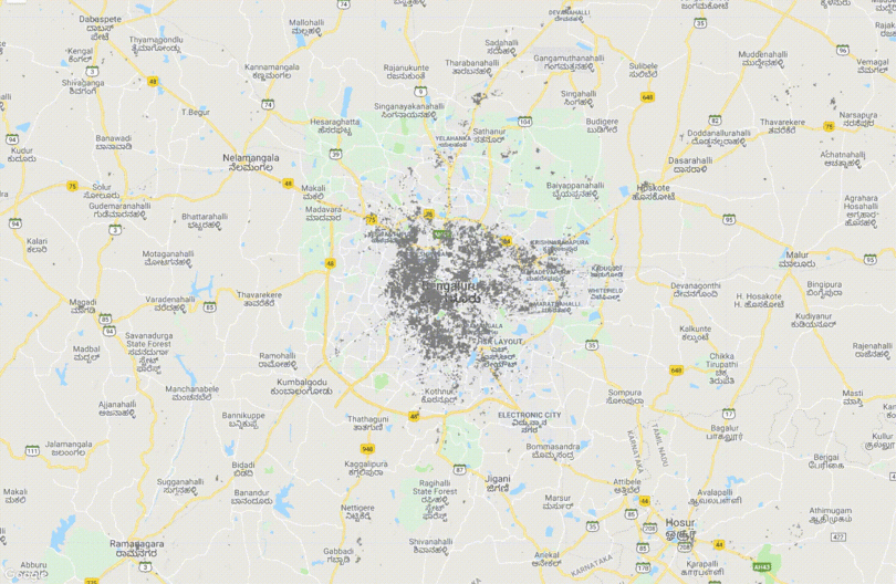 A dynamic map of Bengaluru city between 1990 and 2015 showing the growth of the city in this time period. Rapid urbanisation is seen in all directions with a particular concentration of urban growth along major roads.
