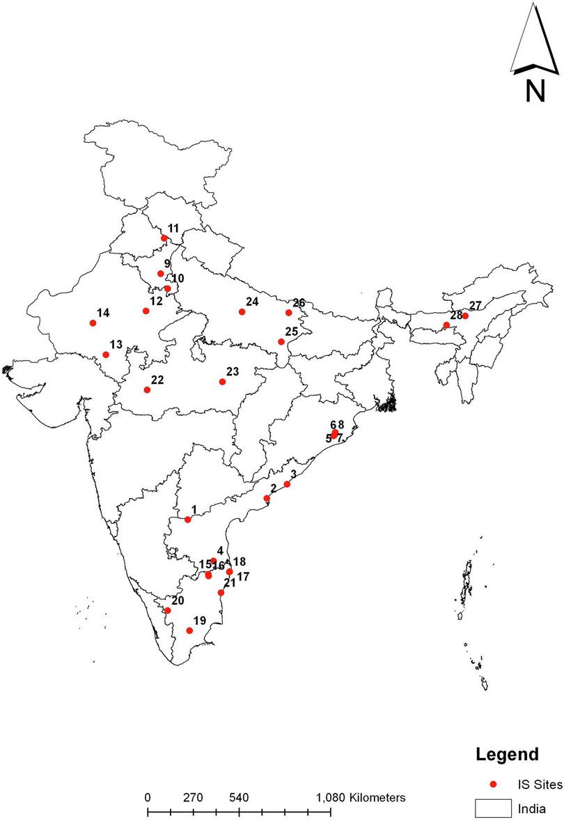 Map of India highlighting vaccination surveillance sites in India.
