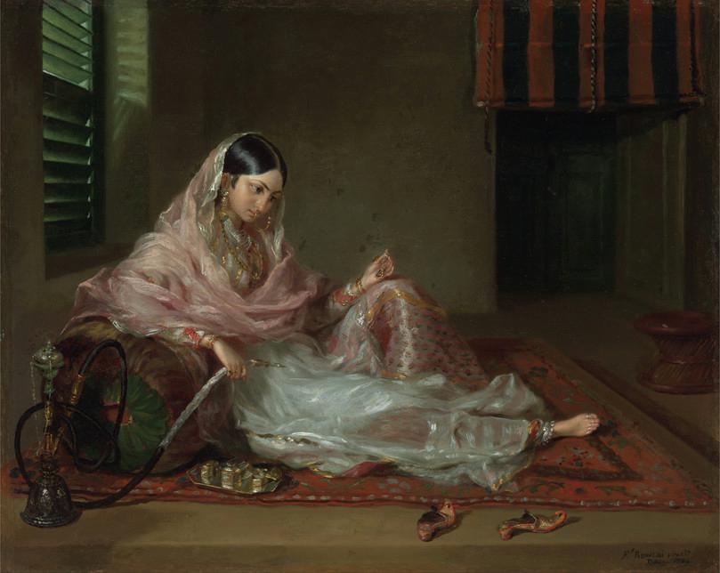 The third stage in cotton cloth production – illustration of a woman wearing fine cotton clothes reclining on a bolster and smoking a hookah.
