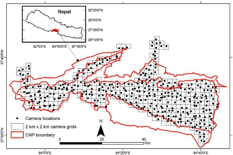 A map of Chitwan National Park divided into a grid of quadrats, showing dots representing camera traps.
