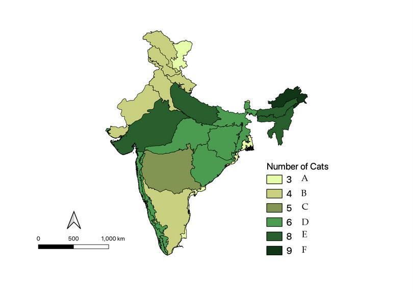 Biotic provinces within India, showing distribution of felid species.

