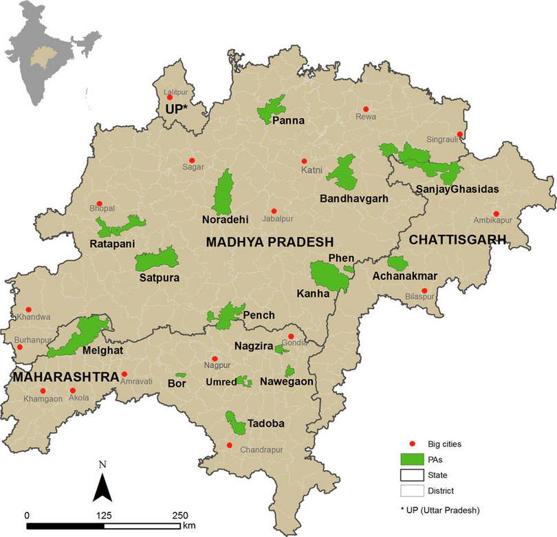 A map of central India, demarcating protected areas, fragmented by agricultural and urban landscapes.

